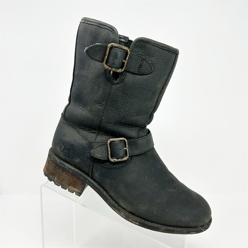 Ugg Black Leather Mid-Calf Heeled Boots Size 8 Adjustable Buckle Straps